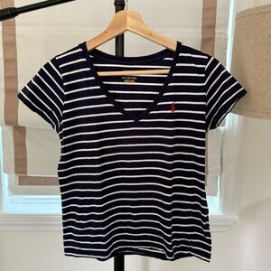 Polo Ralph Lauren Striped Navy and White Short Sleeve V- Neck Tee Red Pony Logo